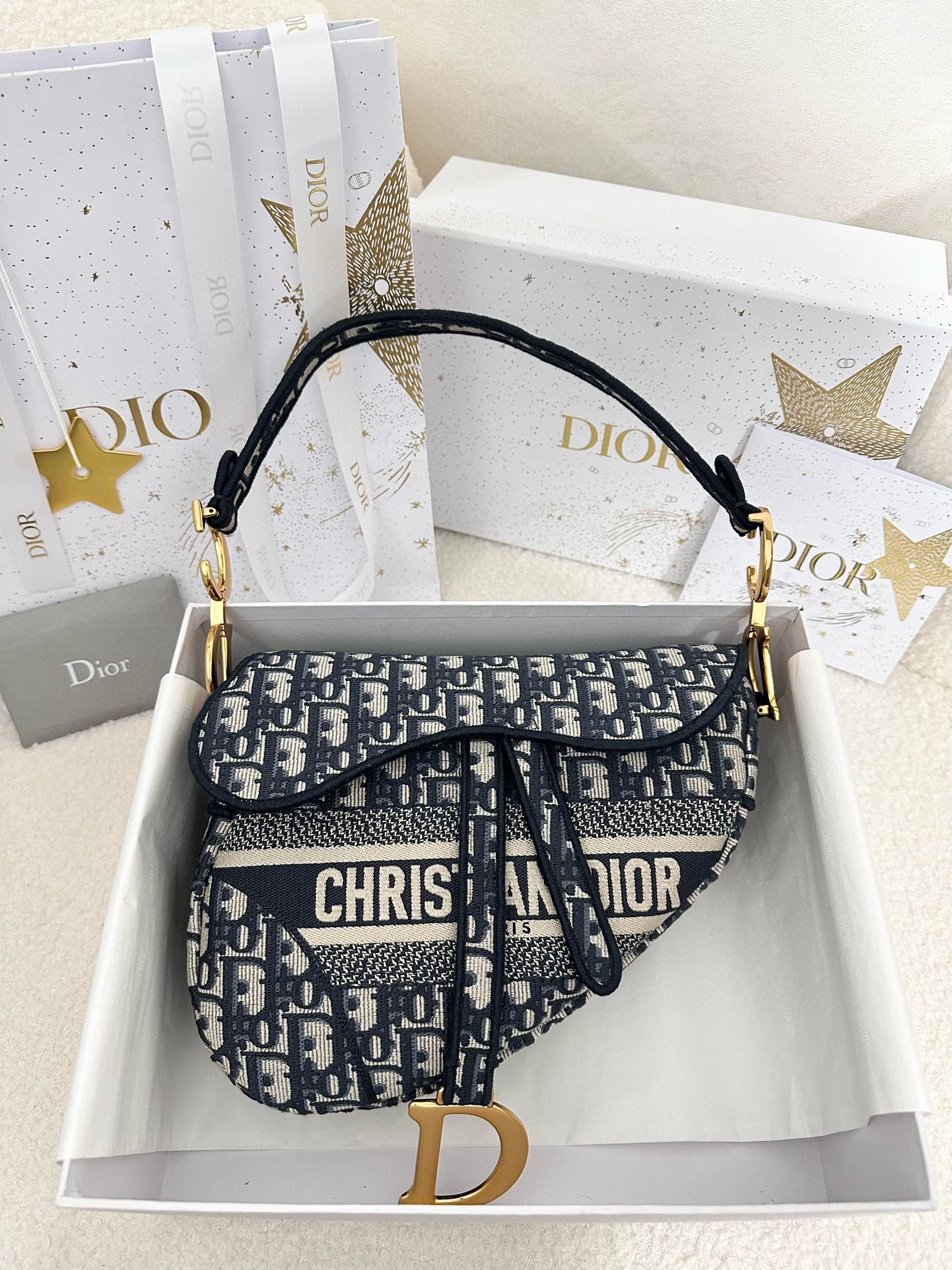 디올 Dior Saddle Bag Oblique Jacquard Blue 25.5cm