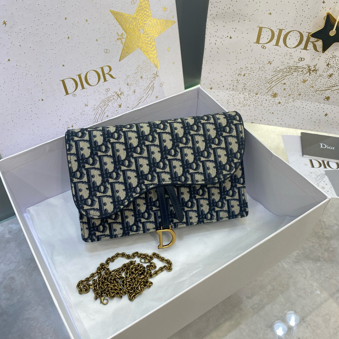 디올 Dior Saddle Pouch with Chain Oblique Jacquard Blue 22cm