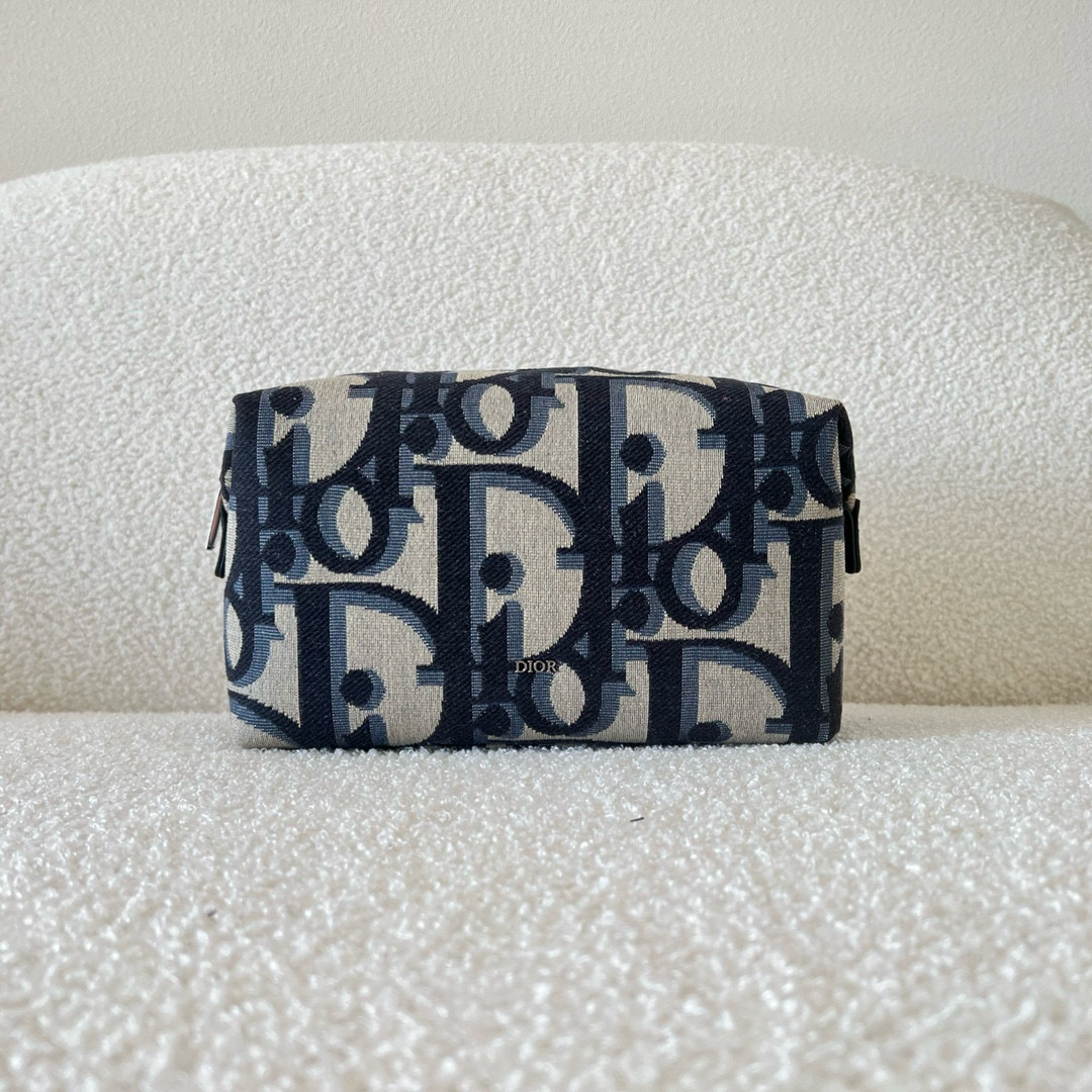 디올 Dior Toiletry Bag Beige Black Maxi Oblique Jacquard 23cm