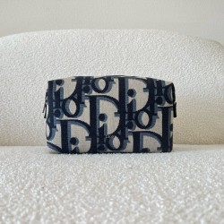 디올 Dior Toiletry Bag Beige Black Maxi Oblique Jacquard 23cm