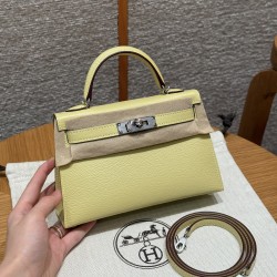 에르메스 Hermes Mini Kelly 19cm Chèvre 1Z Jaune poussin/silver