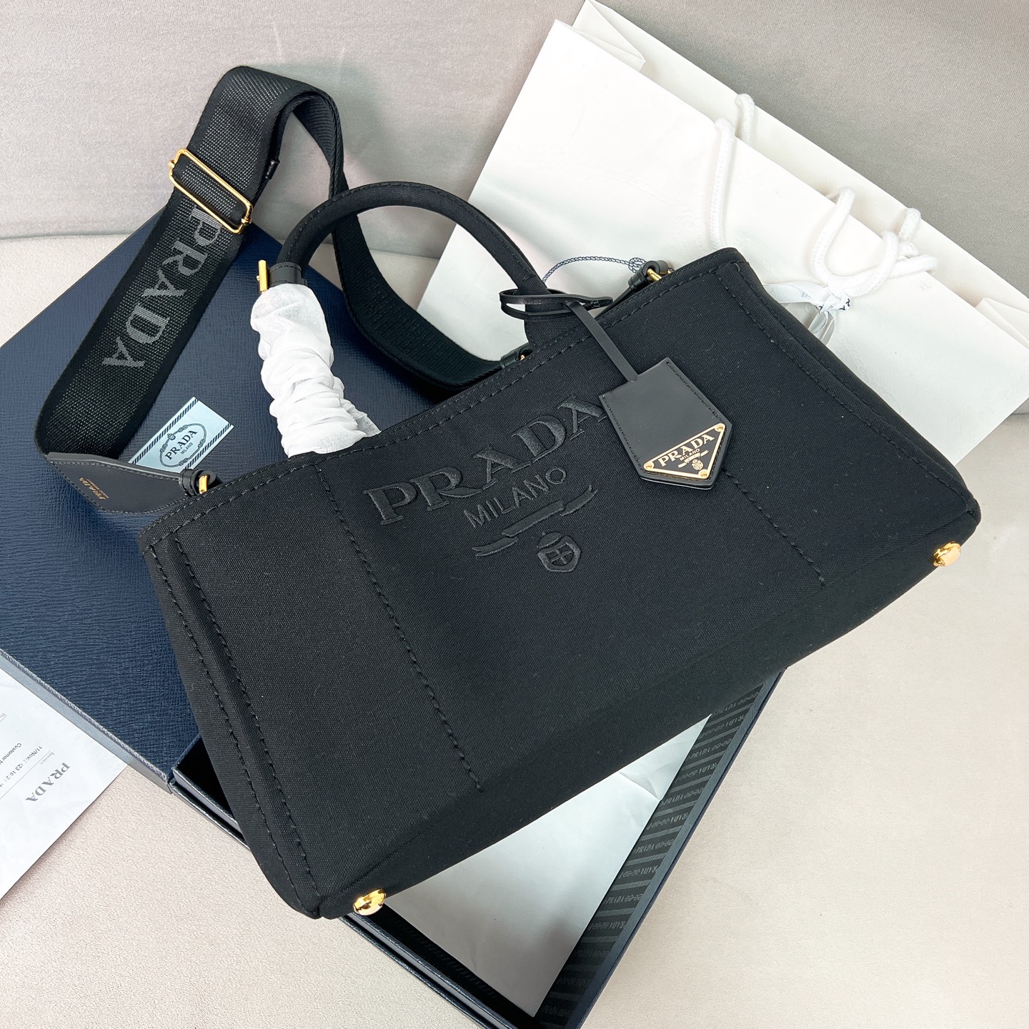 프라다 Prada 1BG554 라지 코튼 캔버스 핸드백 33cm