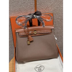 에르메스 Hermes Herbag 31cm canvas and cowhide 18 Etoupe and 37 Gold/gold