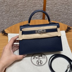 에르메스 Hermes Mini Kelly 19cm Chèvre 73 Blue saphir/silver