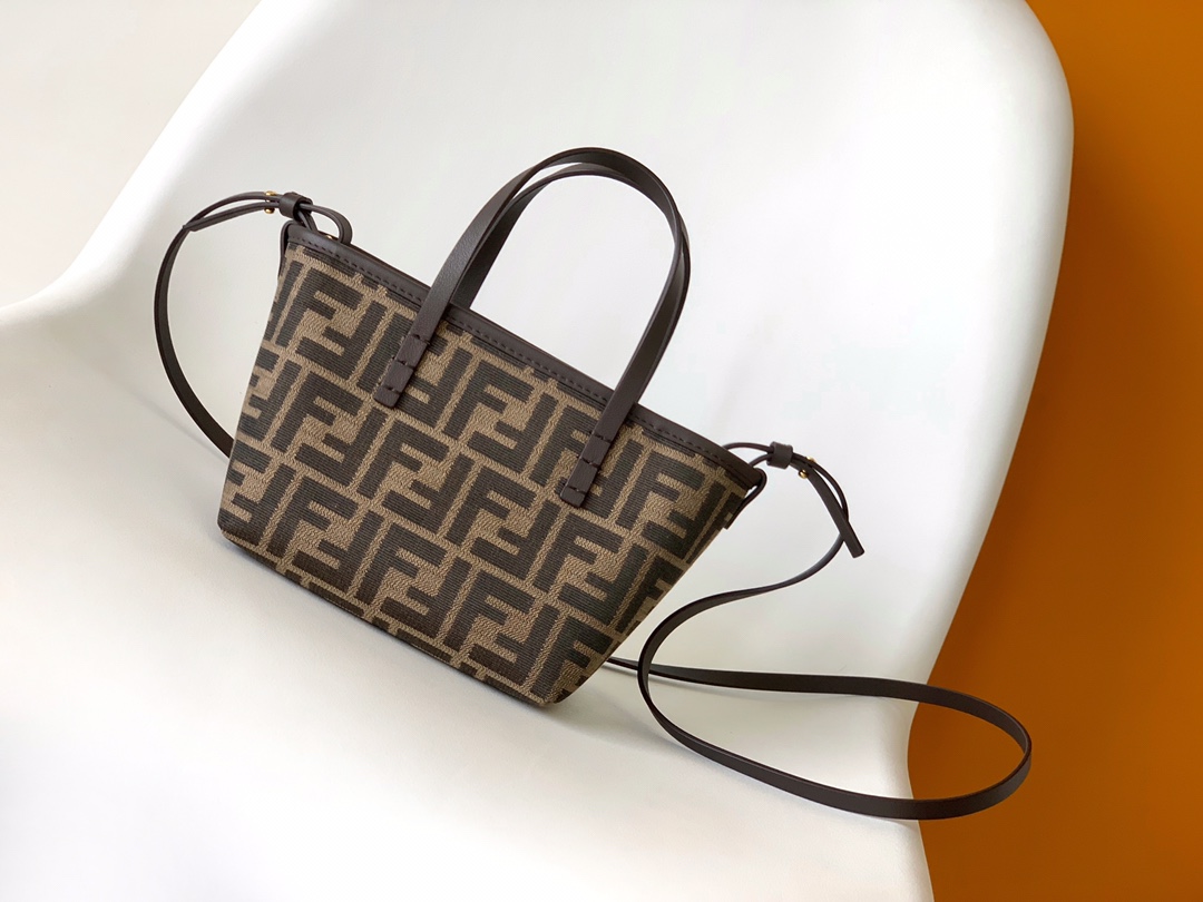펜디 FENDI 8BS096 Roll Mini Fabric FF Jacquard Bag Brown 23CM