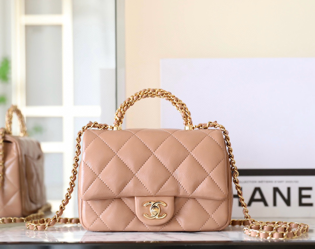 샤넬 Chanel 24B AS5032 Mini Flap Bag with Top Handle C-541 Apricot 19cm