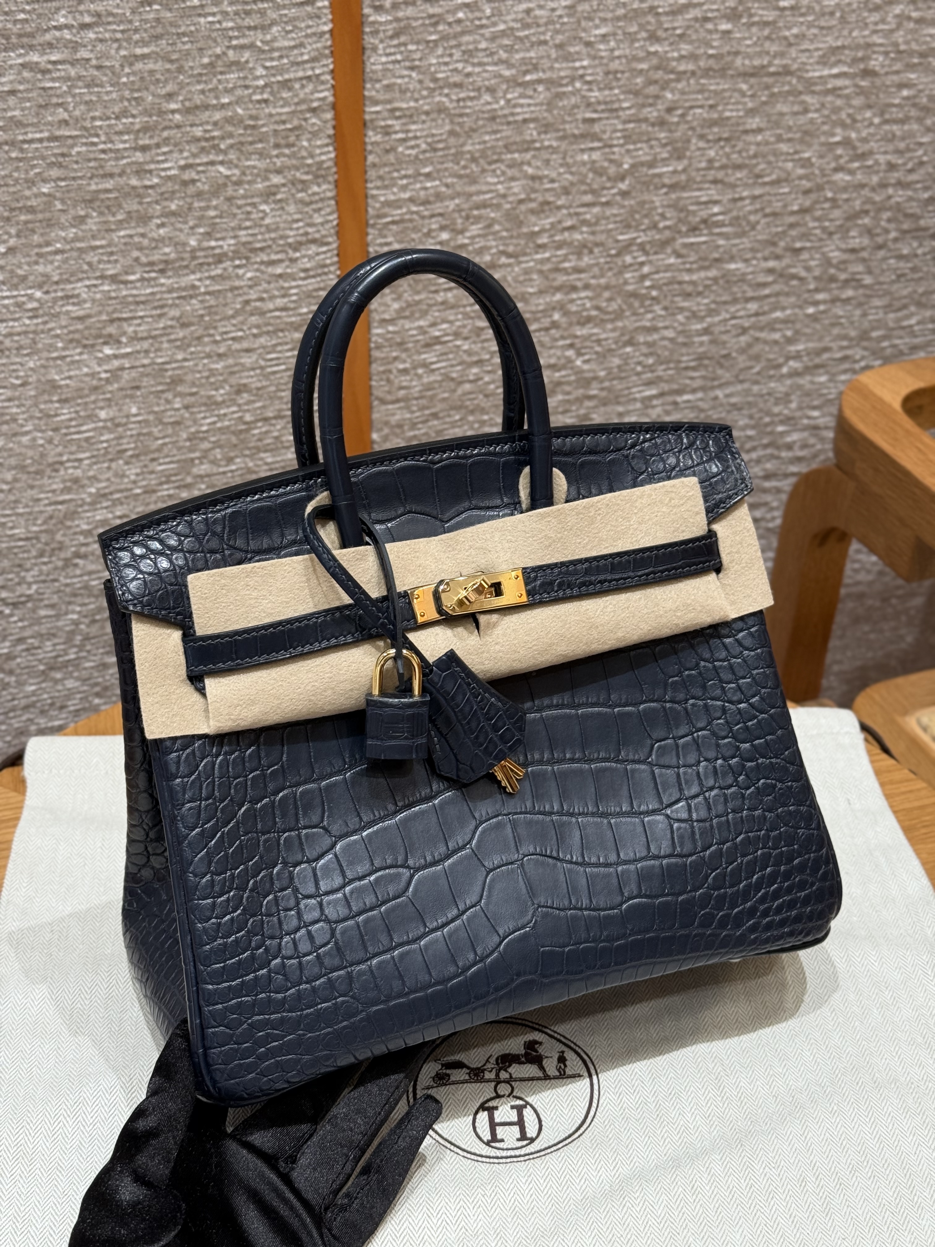 에르메스 Hermes Birkin 25cm Porosus Crocodile 73 Blue Saphir/gold
