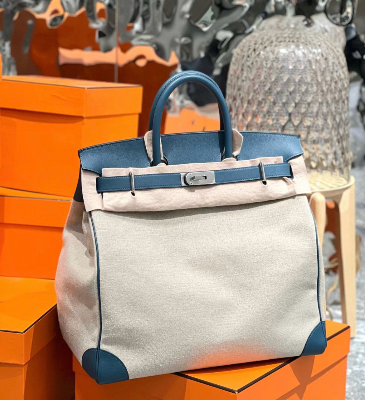 에르메스 Hermes Birkin Hac 40cm Swift 75 Blue Jean/silver