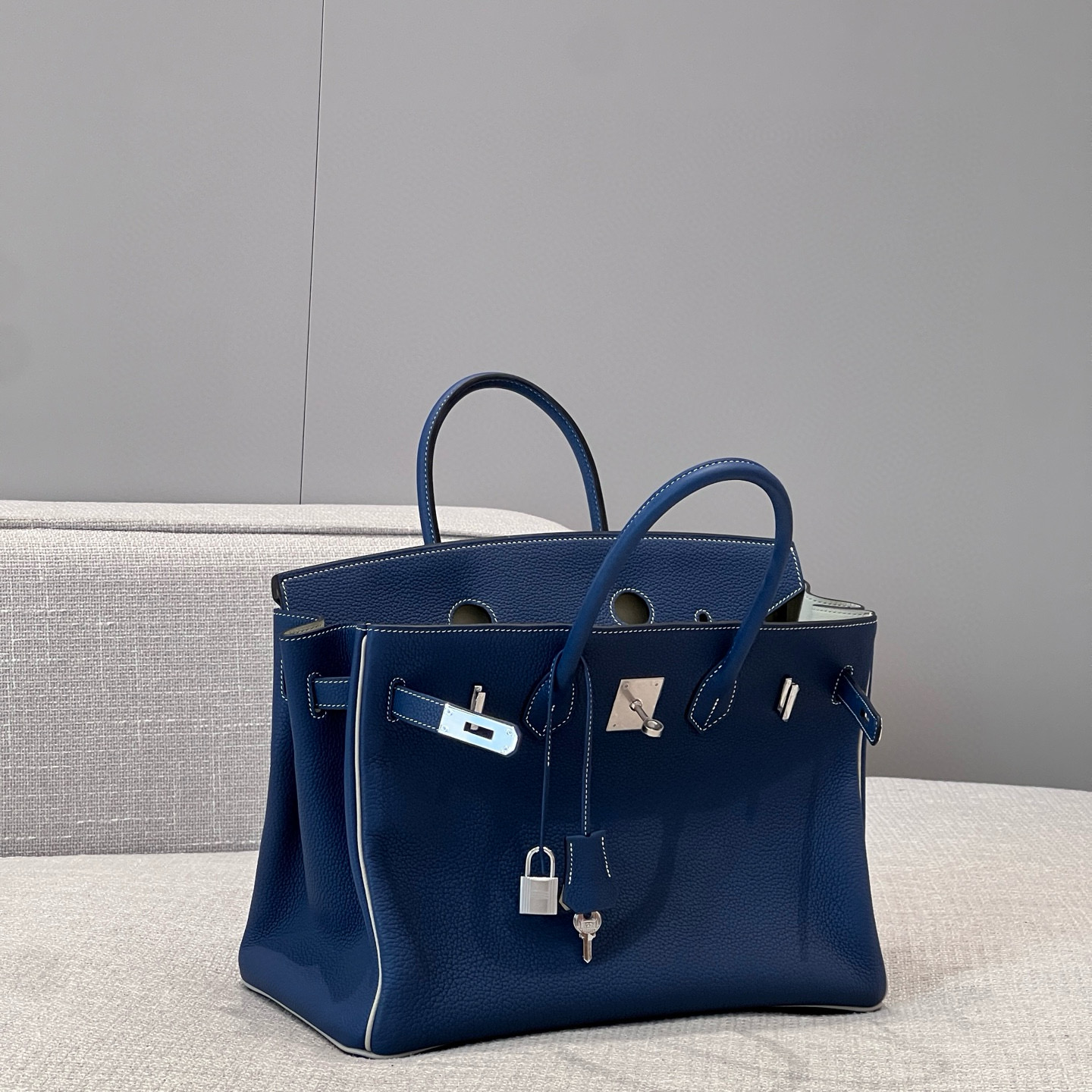 에르메스 Hermes Brikin 35cm Germany Leather 7P Blue Presse and 80Gris Perle/silver