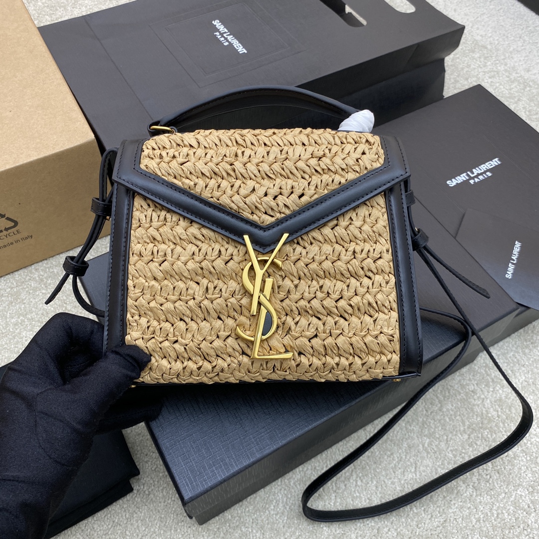 생로랑 Saint laurent/YSL 532753 Cassandra Mini Top Handle Bag In Raffia And Vegetable-Tanned Leather