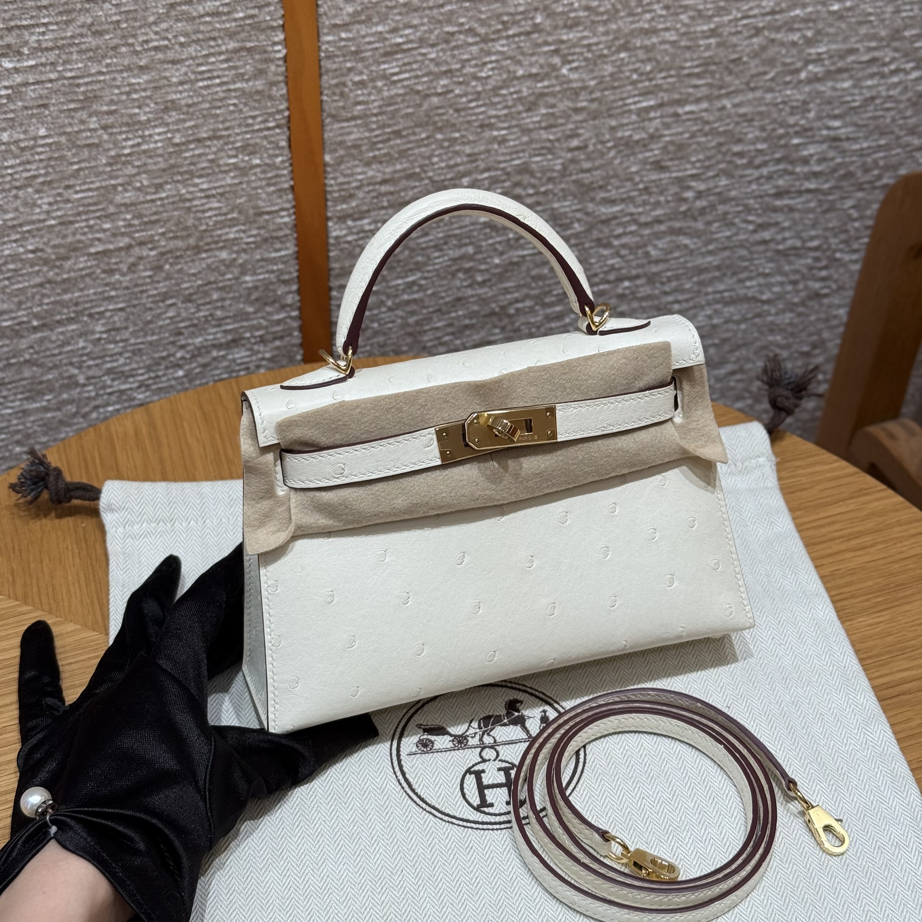 에르메스 Hermes Mini Kelly 19cm KK ostrich i2 Nata/gold