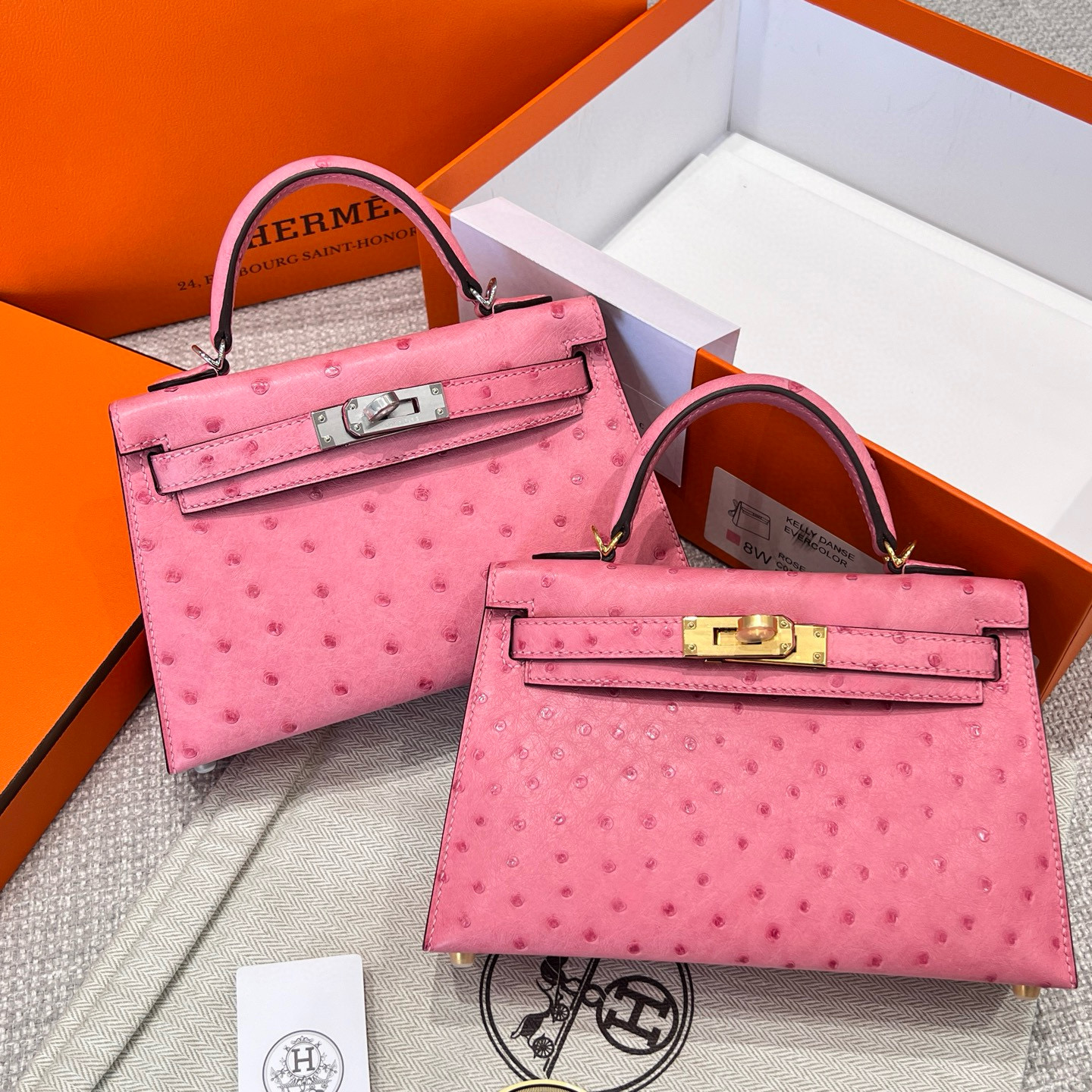 에르메스 Hermes Mini Kelly KK ostrich L4 Bubble Gum/gold&silver