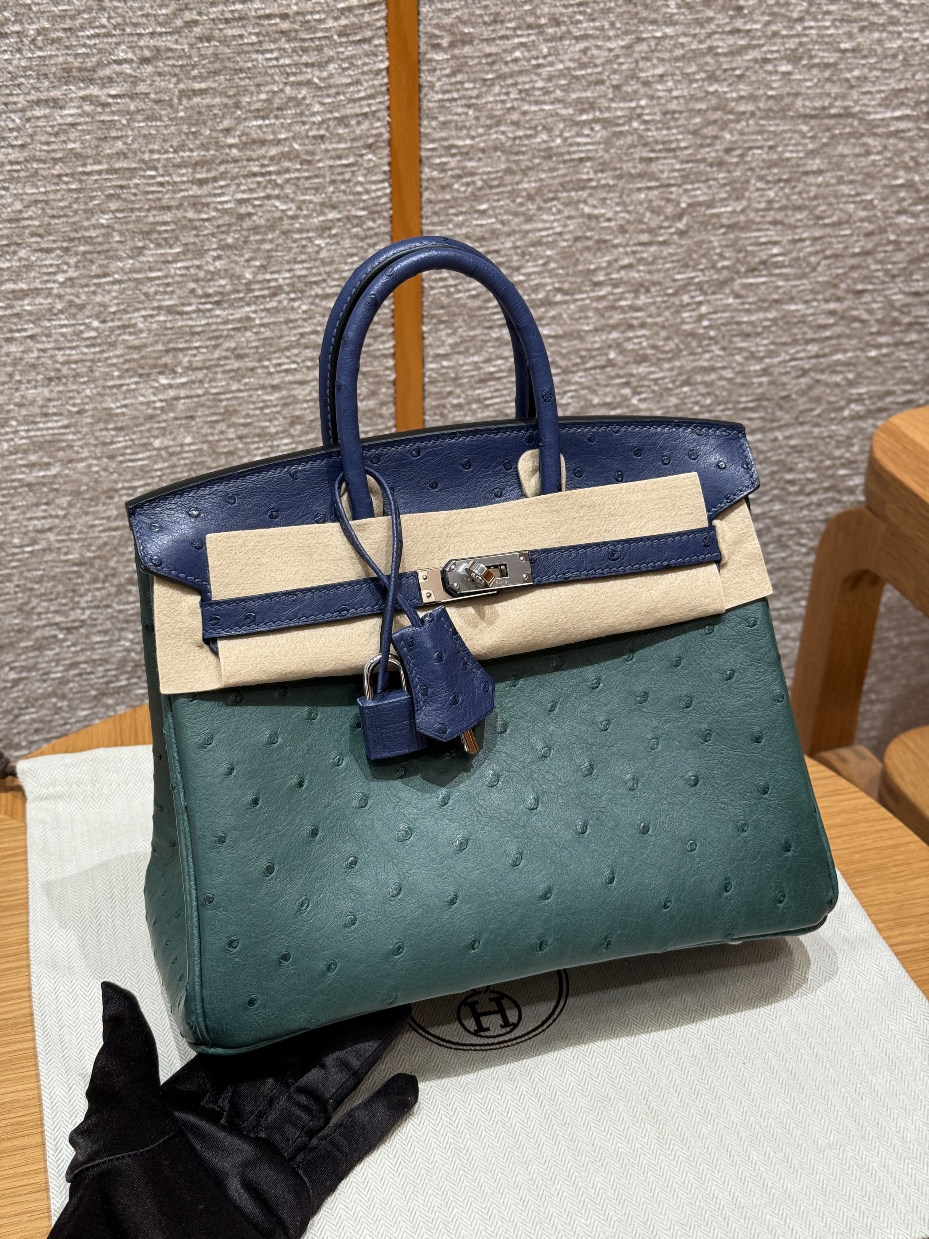 에르메스 Hermes Birkin 25cm KK ostrich V0 Vert Rousseau and 7Z Blue Lris/silver