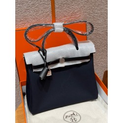 에르메스 Hermes Herbag 31cm canvas and cowhide 7U Blue navy-fauve and 89 Noir/silver