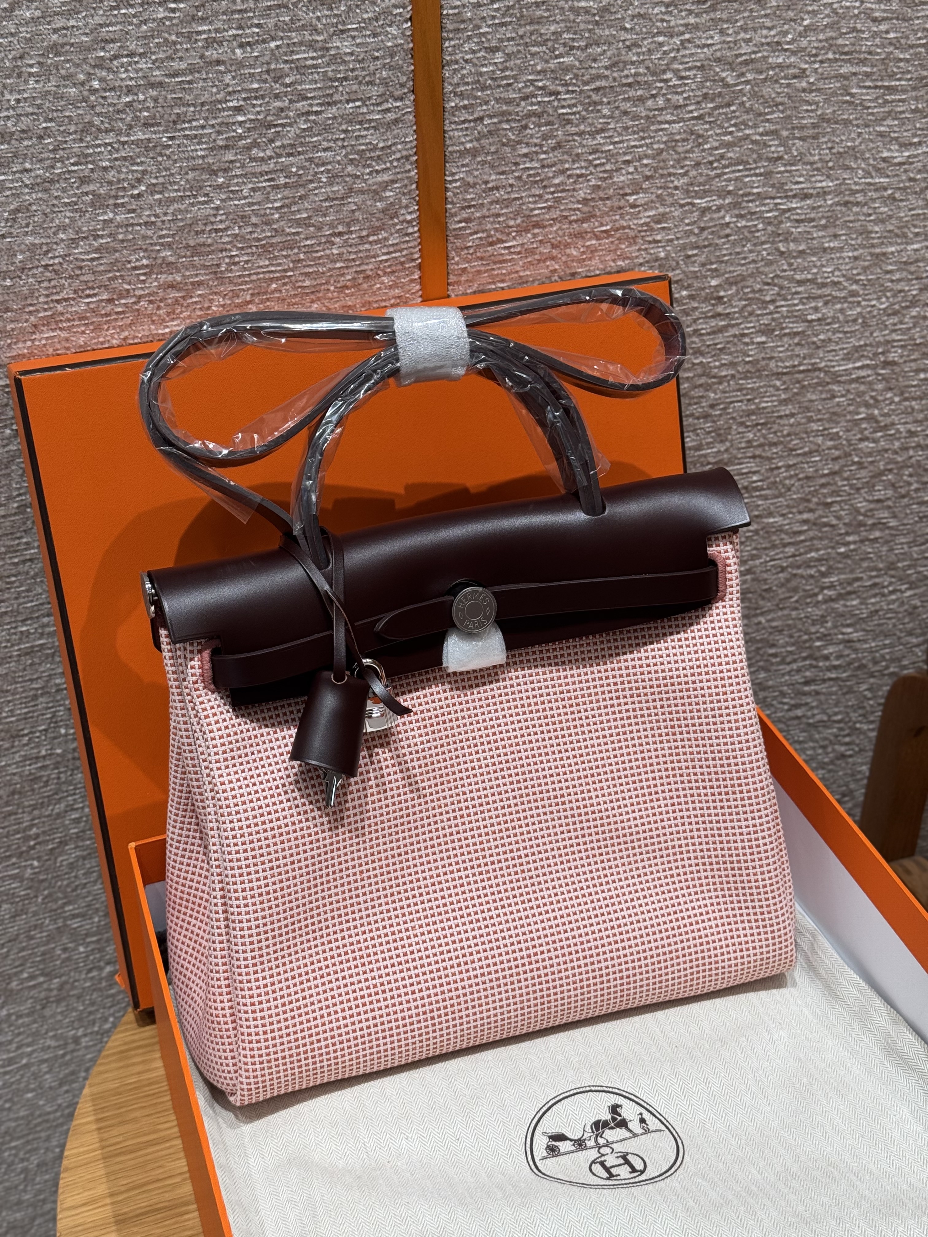 에르메스 Hermes Herbag 31cm canvas and cowhide Farbe rcru-Brique-mauve pale-rouge sellier/silver