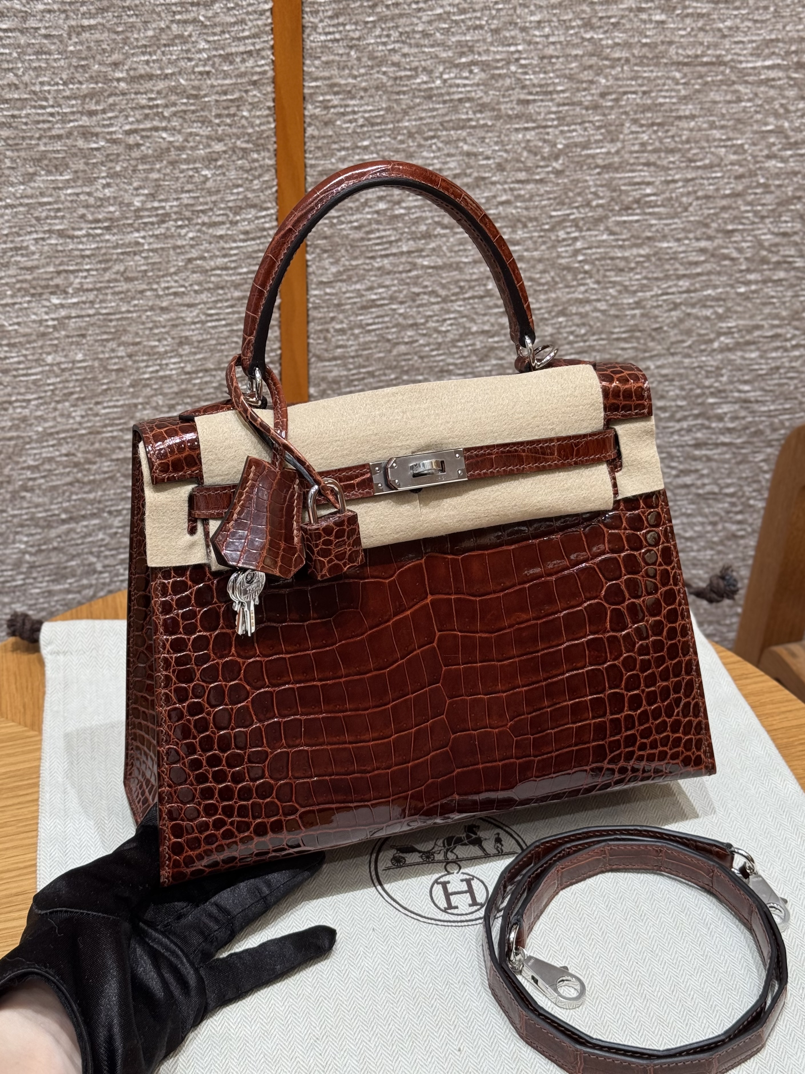 에르메스 Hermes Kelly 25cm Porosus crocodile 33 Miel/silver