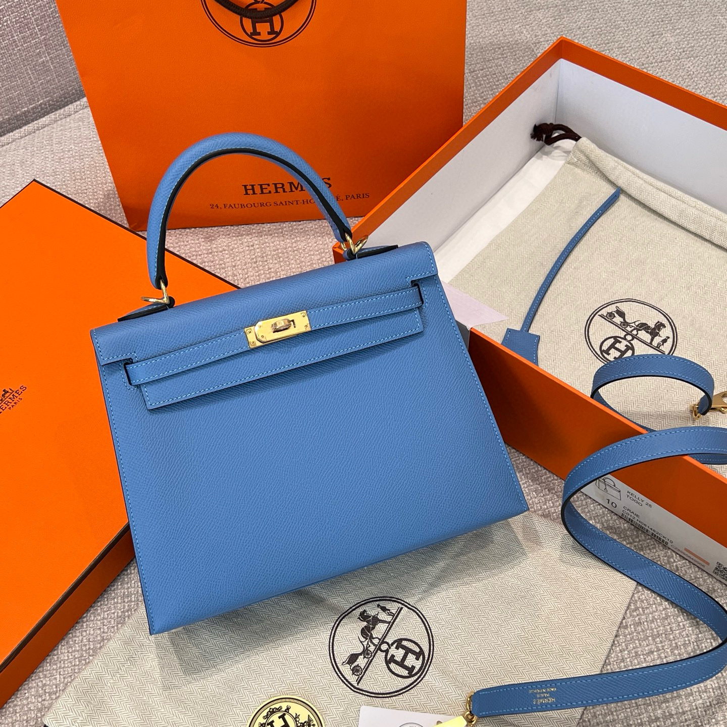 에르메스 Hermes Kelly 25cm Haas Leather 2T Blue Paradise/gold