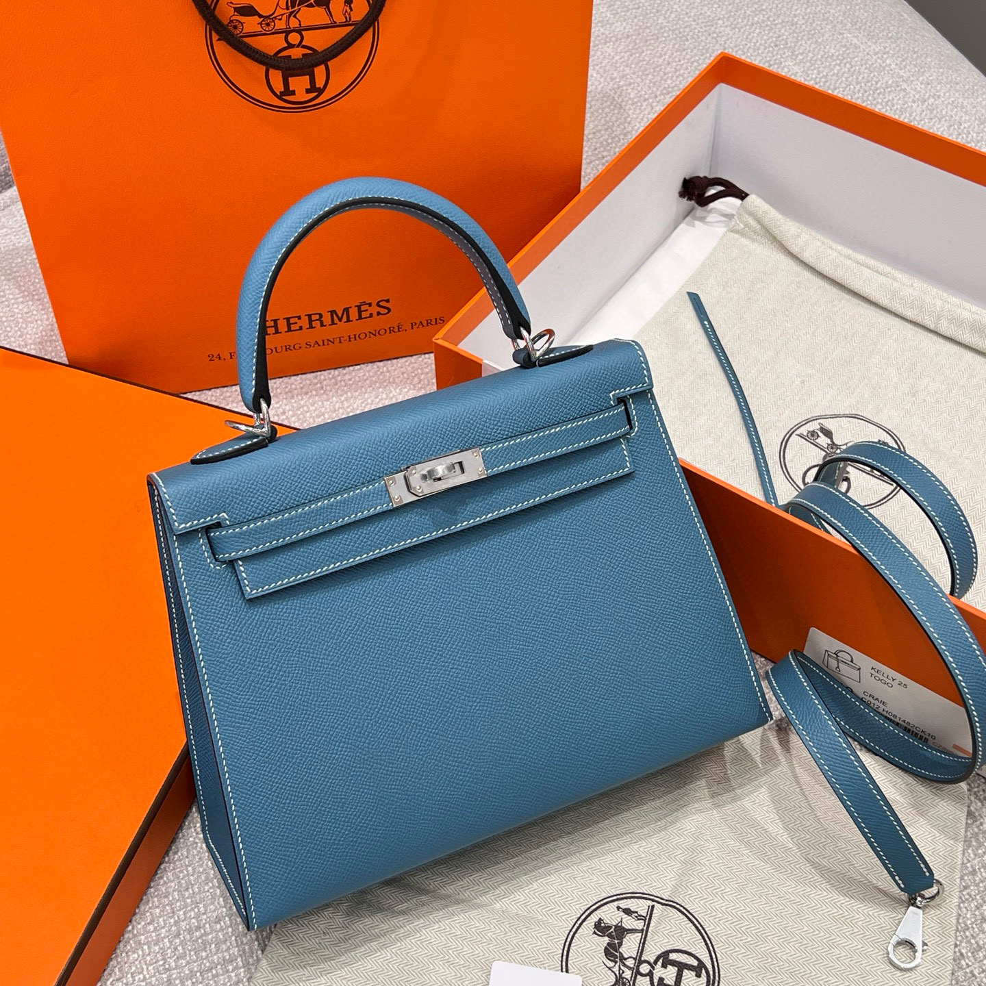 에르메스 Hermes Kelly 25cm Haas Leather 75 Blue jean/silver