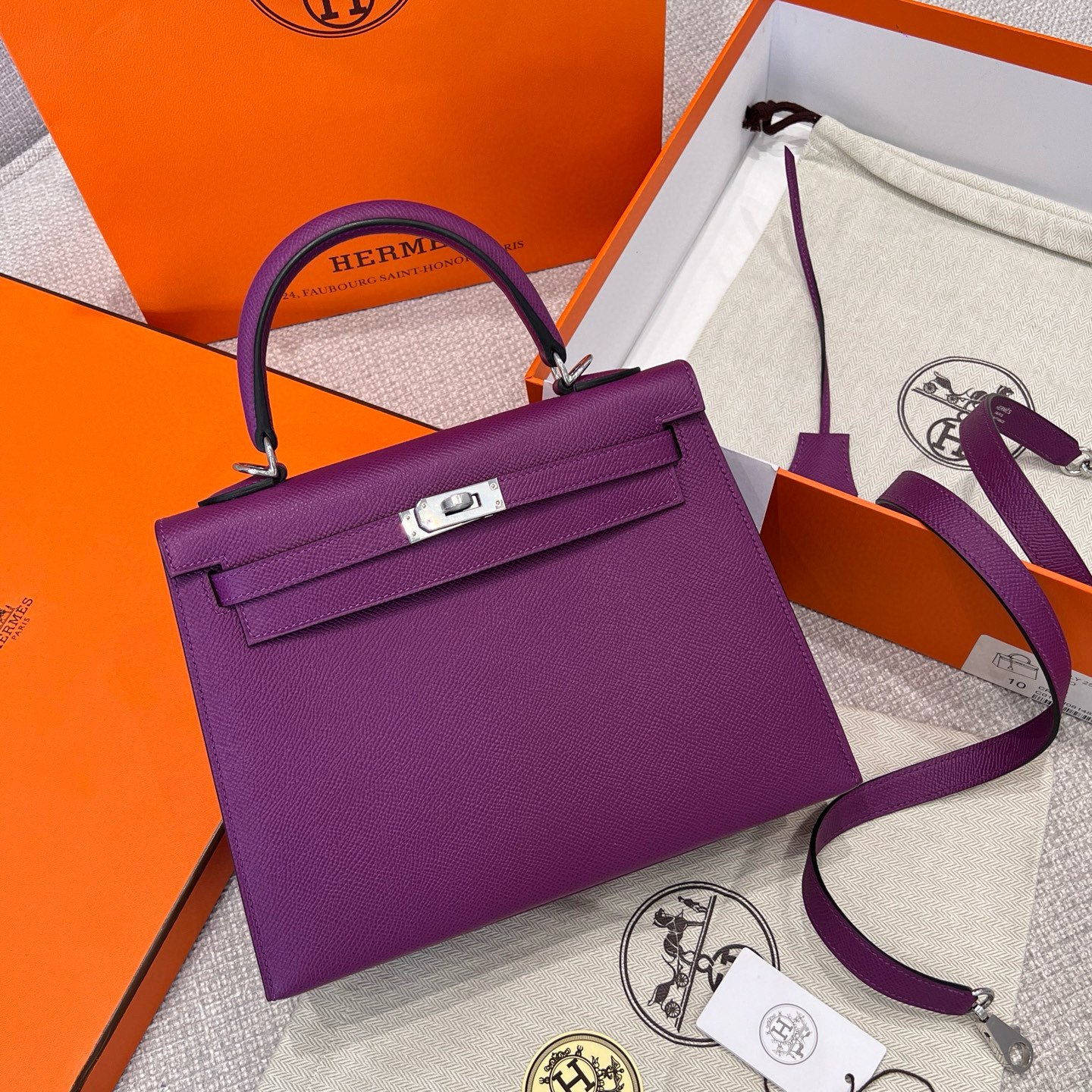 에르메스 Hermes Kelly 25cm Haas Leather P9 Anemone/silver