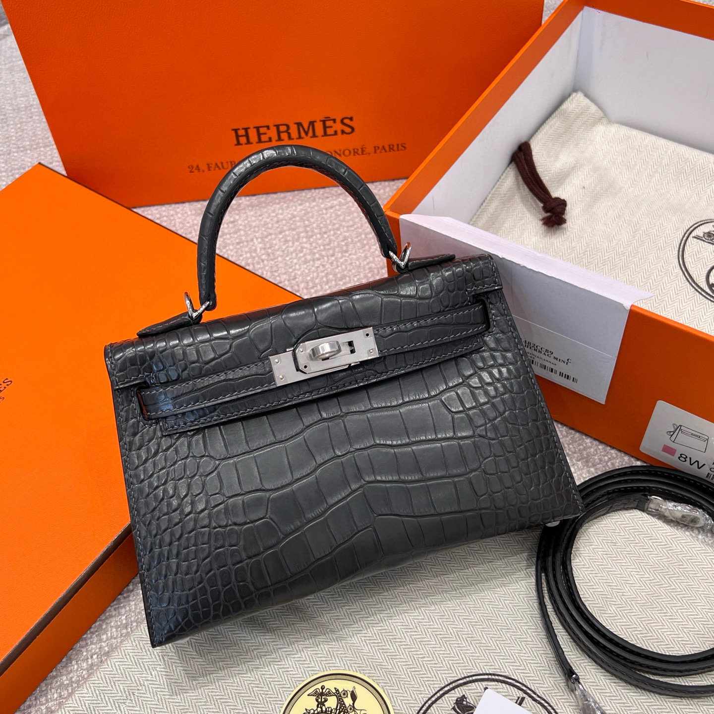 에르메스 Hermes Mini Kelly Hcp Alligator 88 Graphite/silver