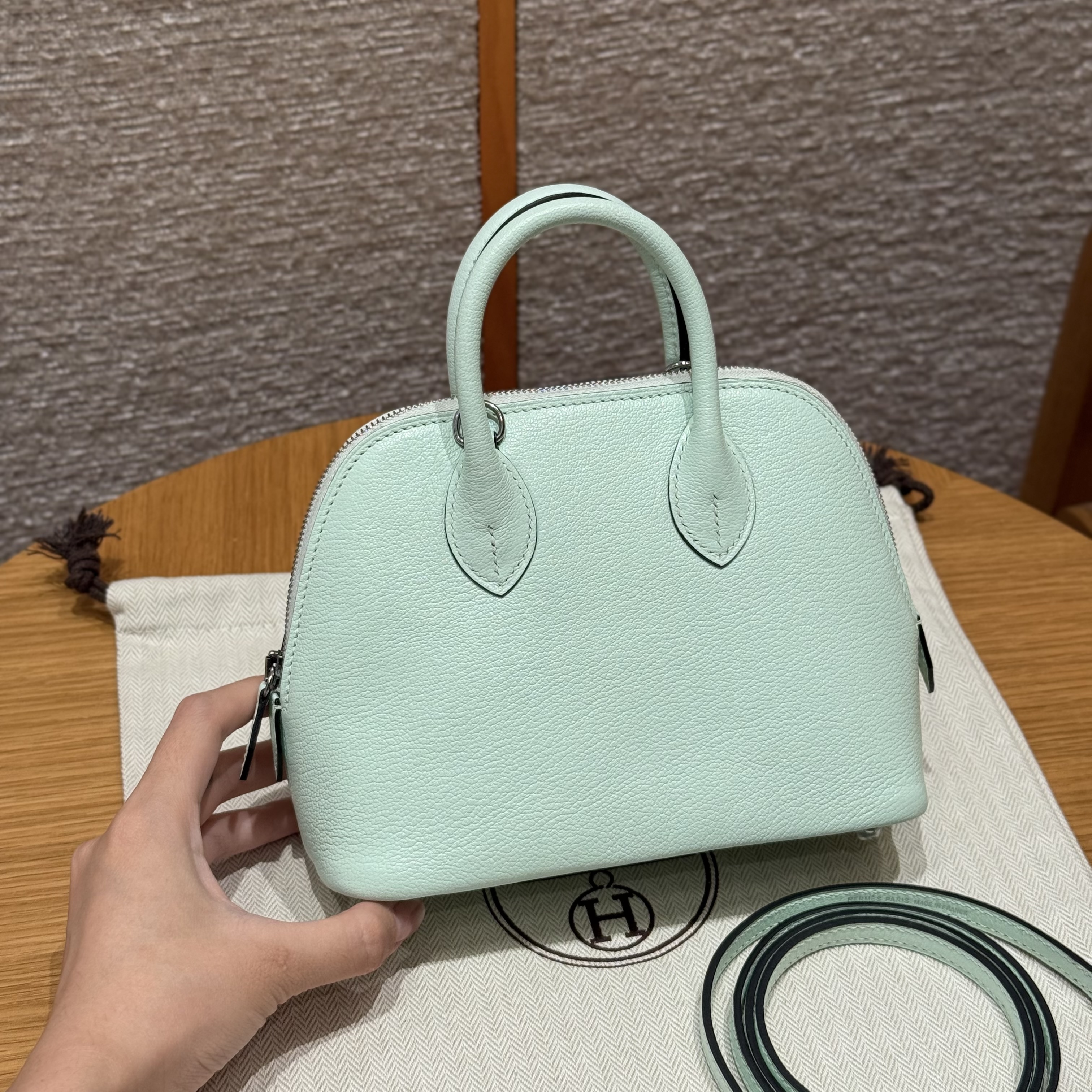 에르메스 Hermes Mini Bolide 18cm chèvre 6W Menthe/silver