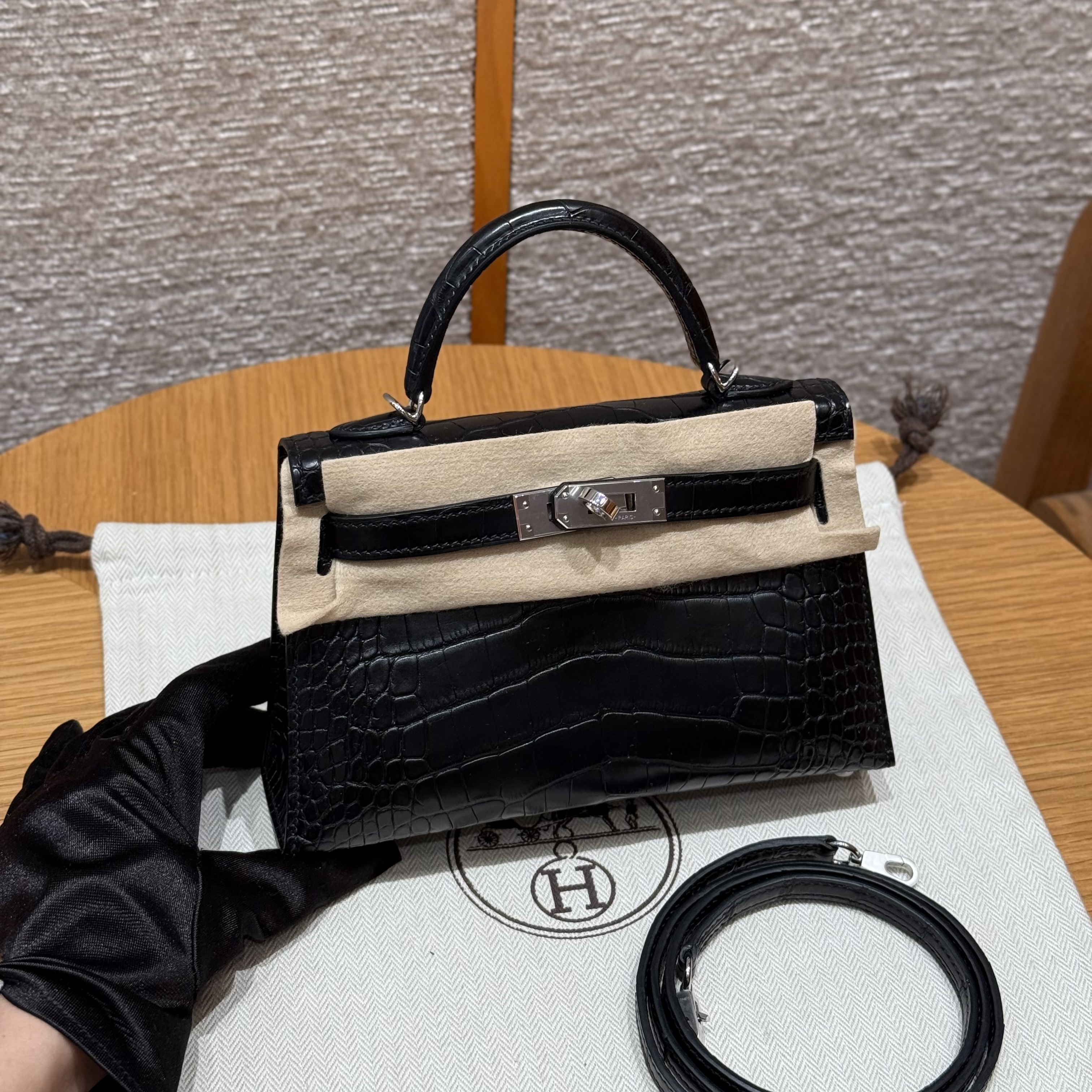 에르메스 Hermes Mini Kelly 19cm Crocodile Alligator 89 Noir/silver