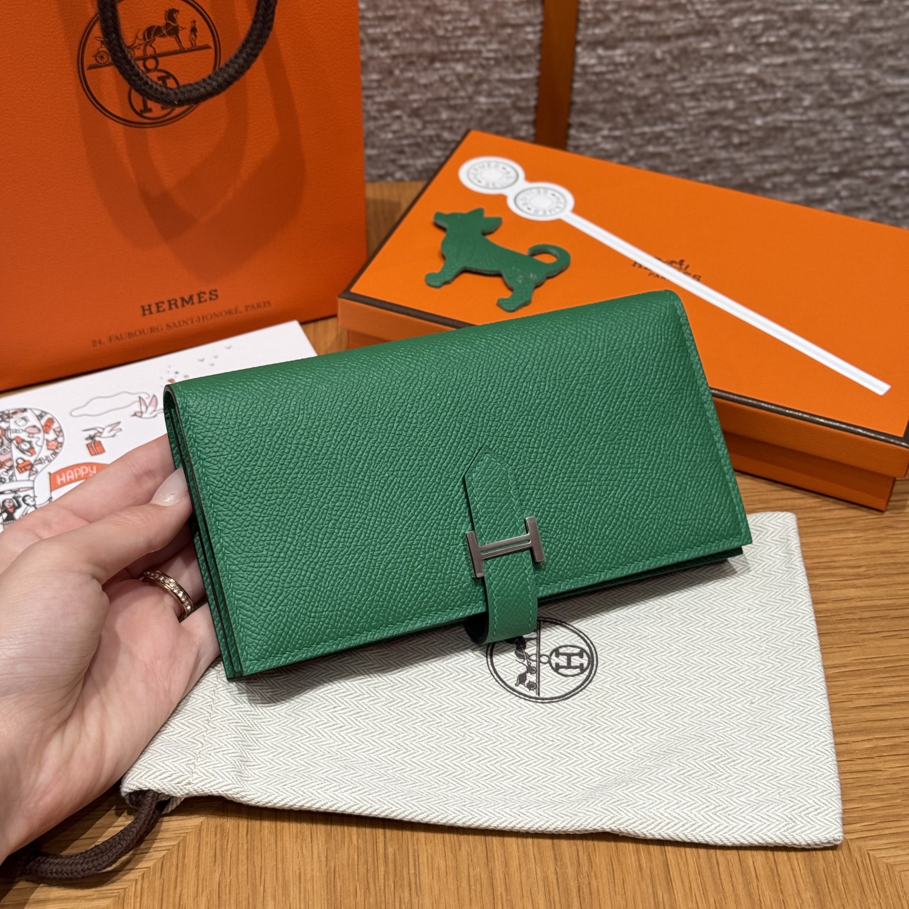 에르메스 Hermes Bearn wallet Soufflet 17.5cm Epsom U4 Vert vertigo/silver