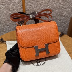 에르메스 Hermes Constance 19cm Lizard 93 Orange/silver