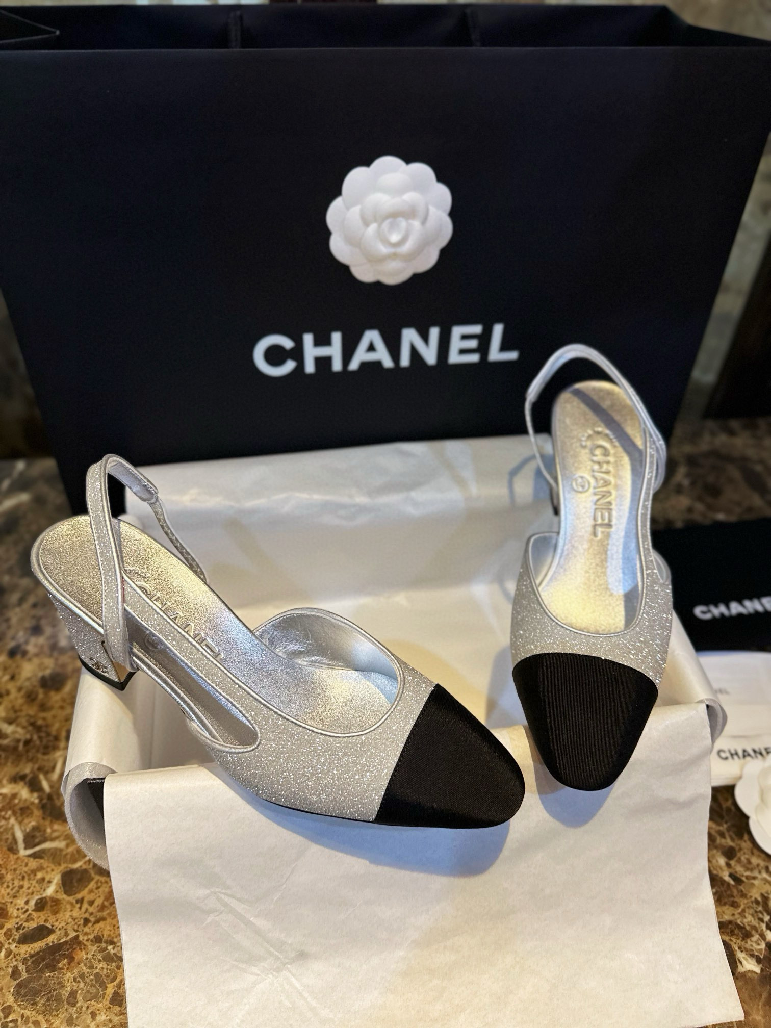샤넬 CHANEL 23P G31318 Slingbacks 슬링 silver