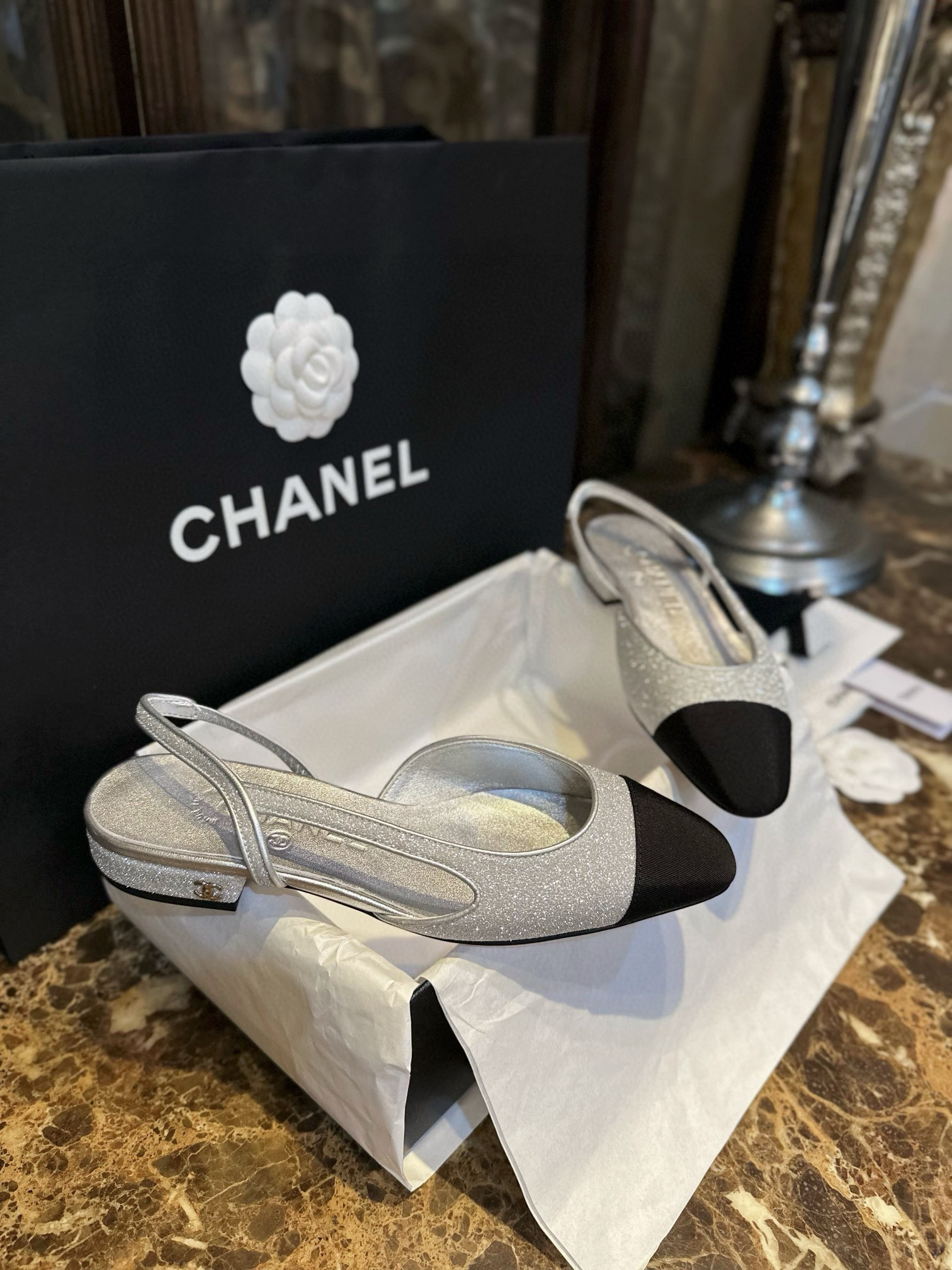 샤넬 CHANEL 23P G31319 Slingbacks 슬링 silver
