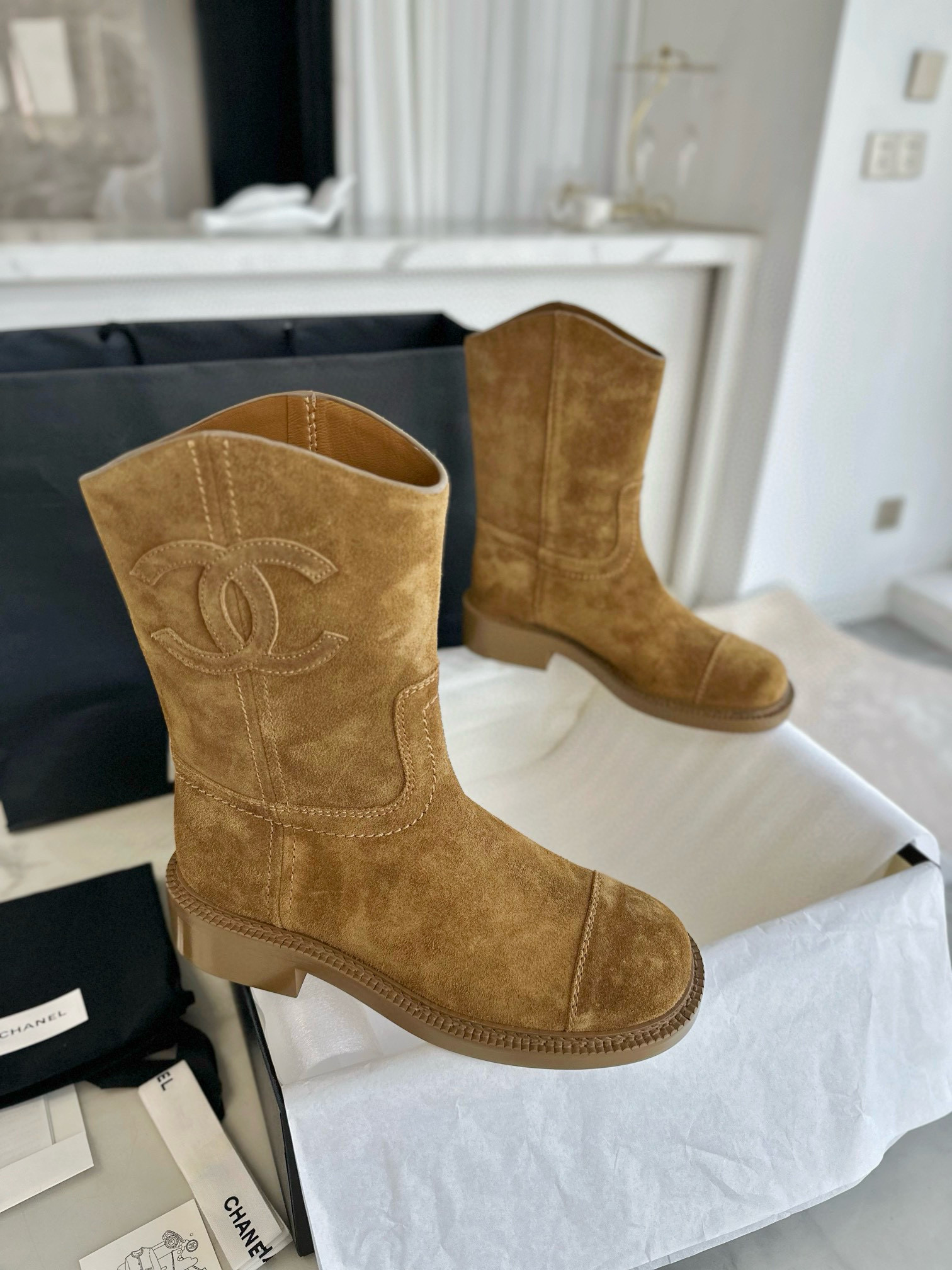 샤넬 CHANEL 24P G45432 싸이 하이 부츠 Brown