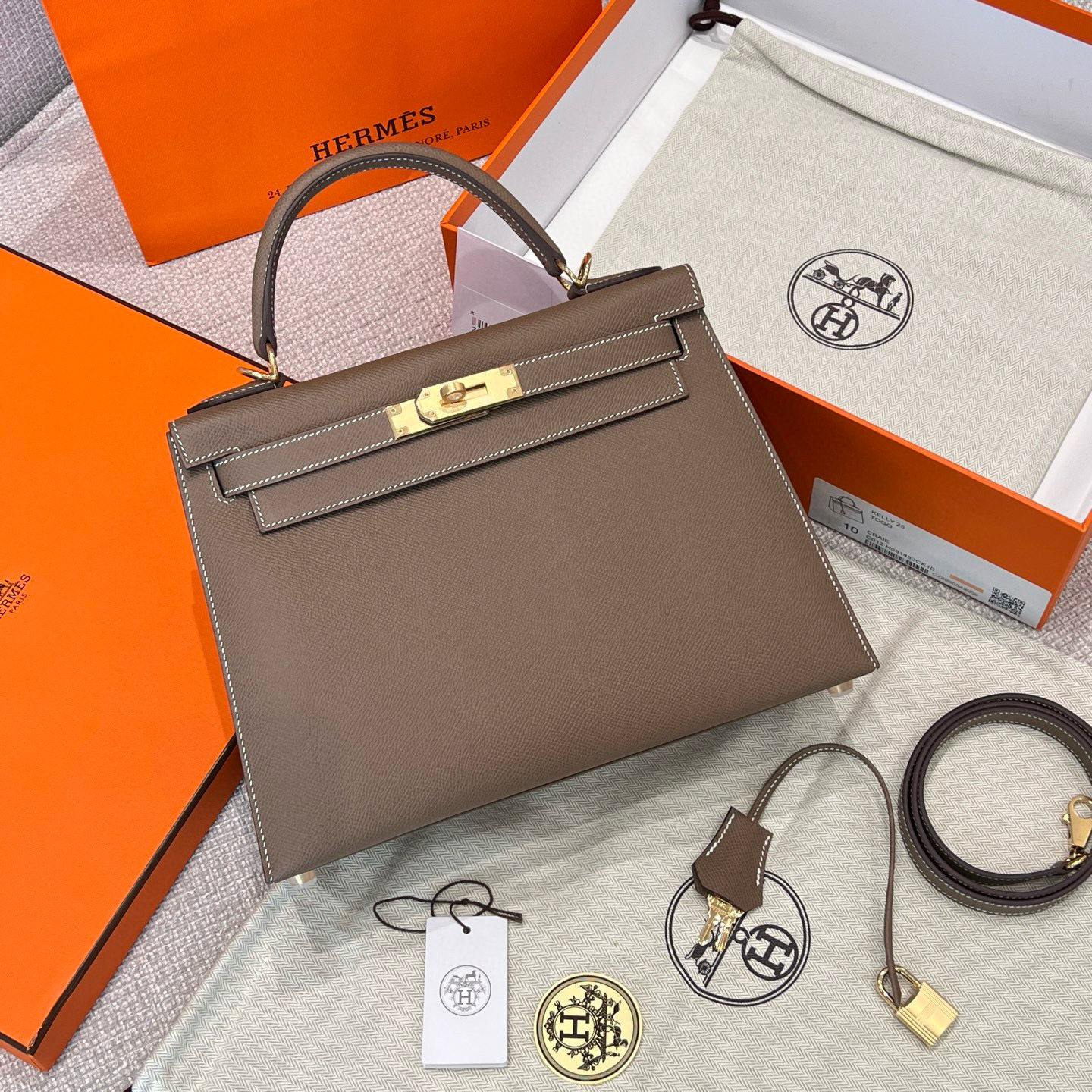 에르메스 Hermes Kelly 28cm Epsom 18 Etoupe/gold
