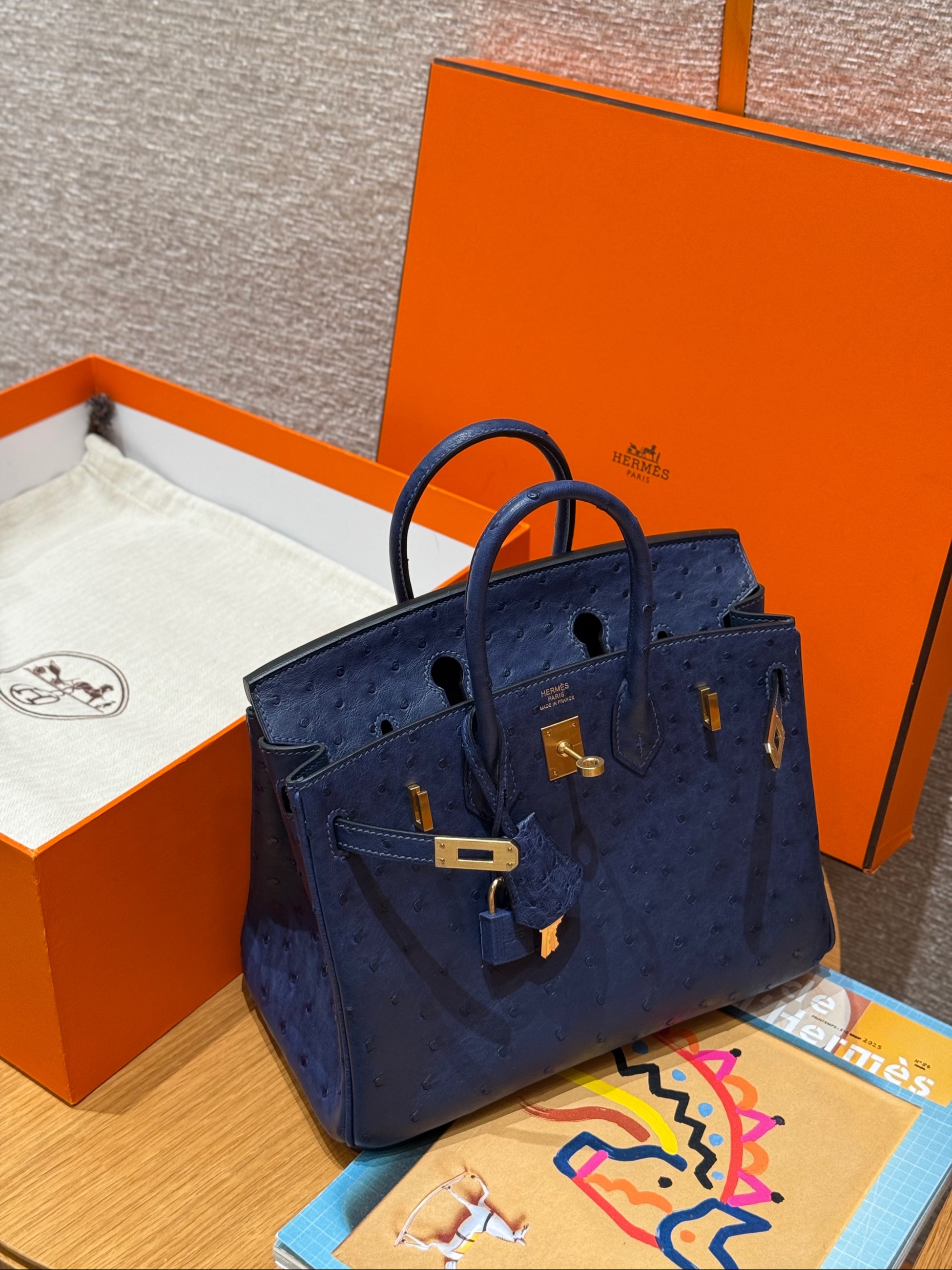 에르메스 Hermes Birkin 25cm KK ostrich 73 Blue Saphir/gold