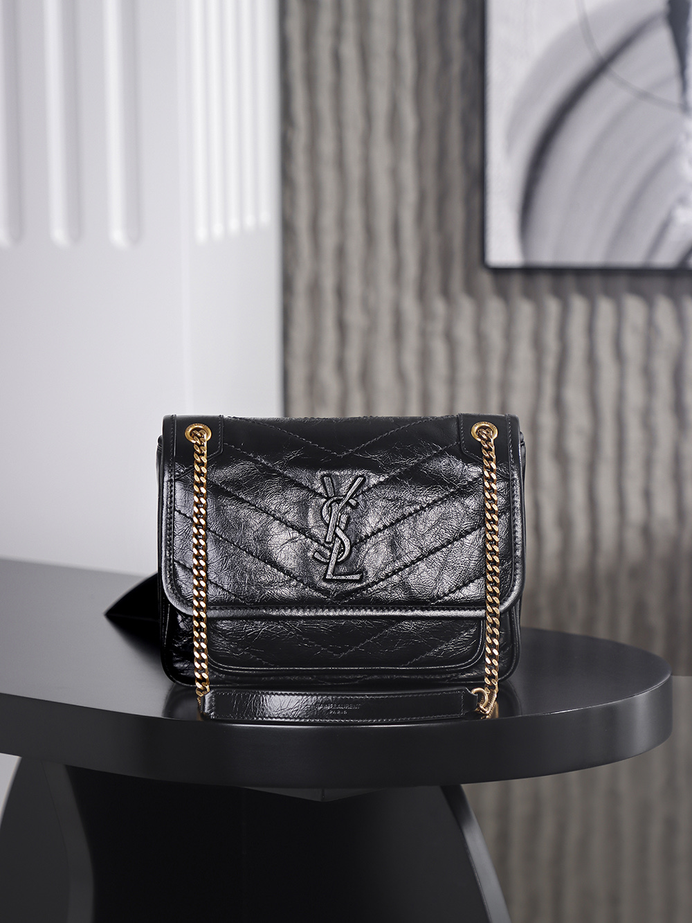 생로랑 Saint laurent/YSL 633151 Niki Baby Chain Bag In Crocodile-Embossed Leather Black 21cm