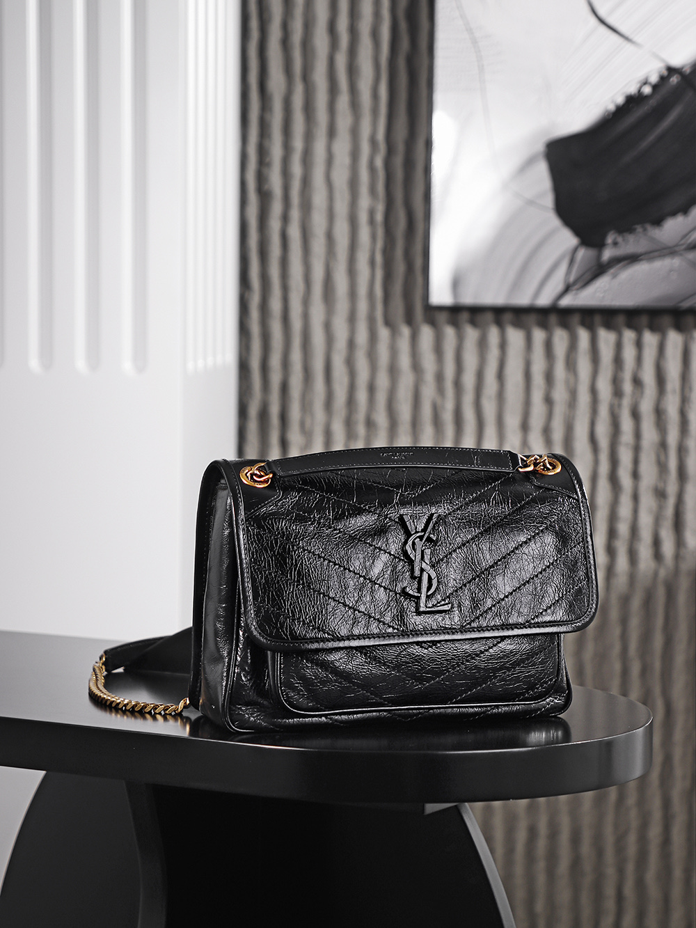 생로랑 Saint laurent/YSL 633158 Niki Medium Chain Bag In Crinkled Vintage Leather Noir 28cm