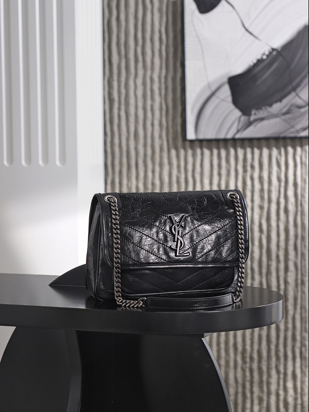 생로랑 Saint laurent/YSL 633158 Niki Medium Chain Bag In Crinkled Vintage Leather Noir 28cm
