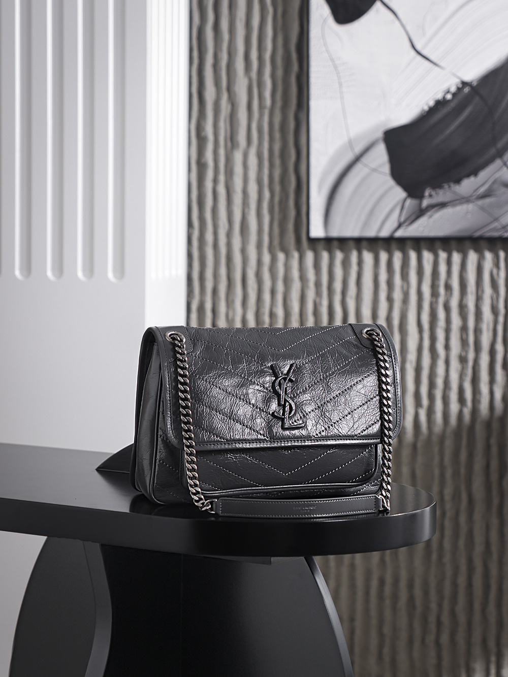 생로랑 Saint laurent/YSL 633158 Niki Medium Chain Bag In Crinkled Vintage Leather Storm 28cm