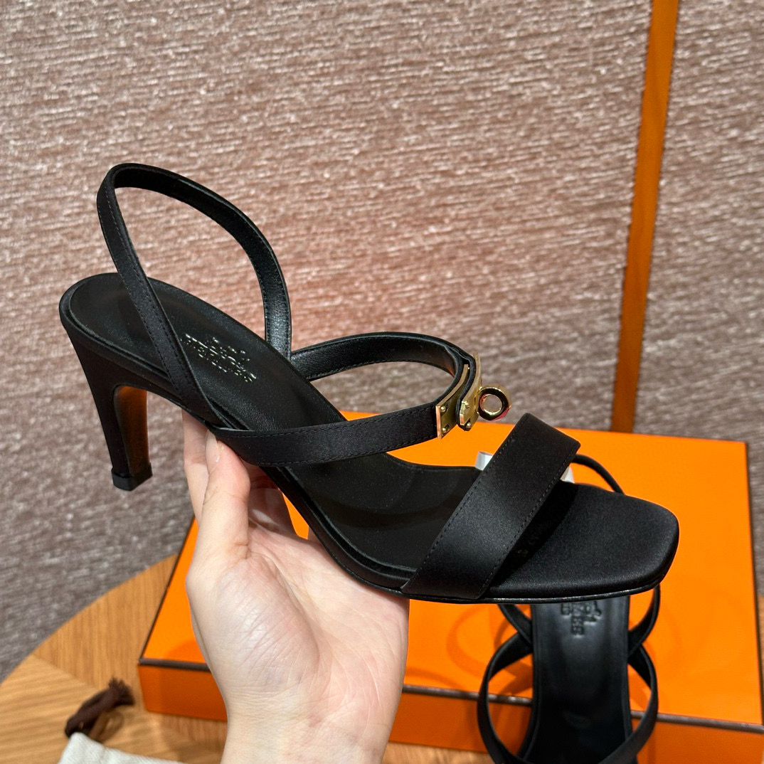 에르메스 Hermes 160 Glamour 75 Sandal Crepe satin&89 Noir gold