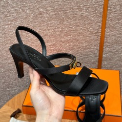 에르메스 Hermes 160 Glamour 75 Sandal Crepe satin&89 Noir gold