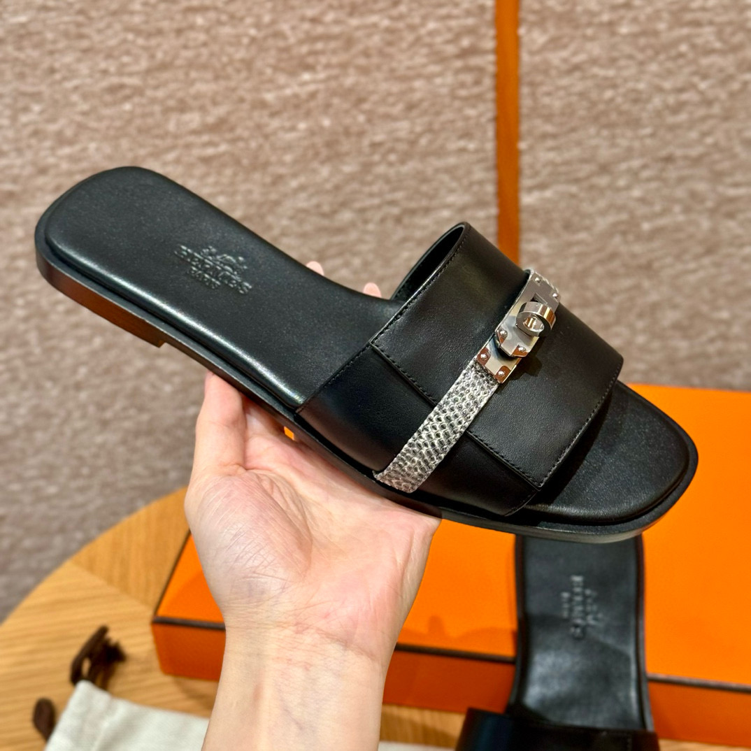 에르메스 Hermes 183 Giulia sandal Lizard and Lizard&89 Noir and Himalaya