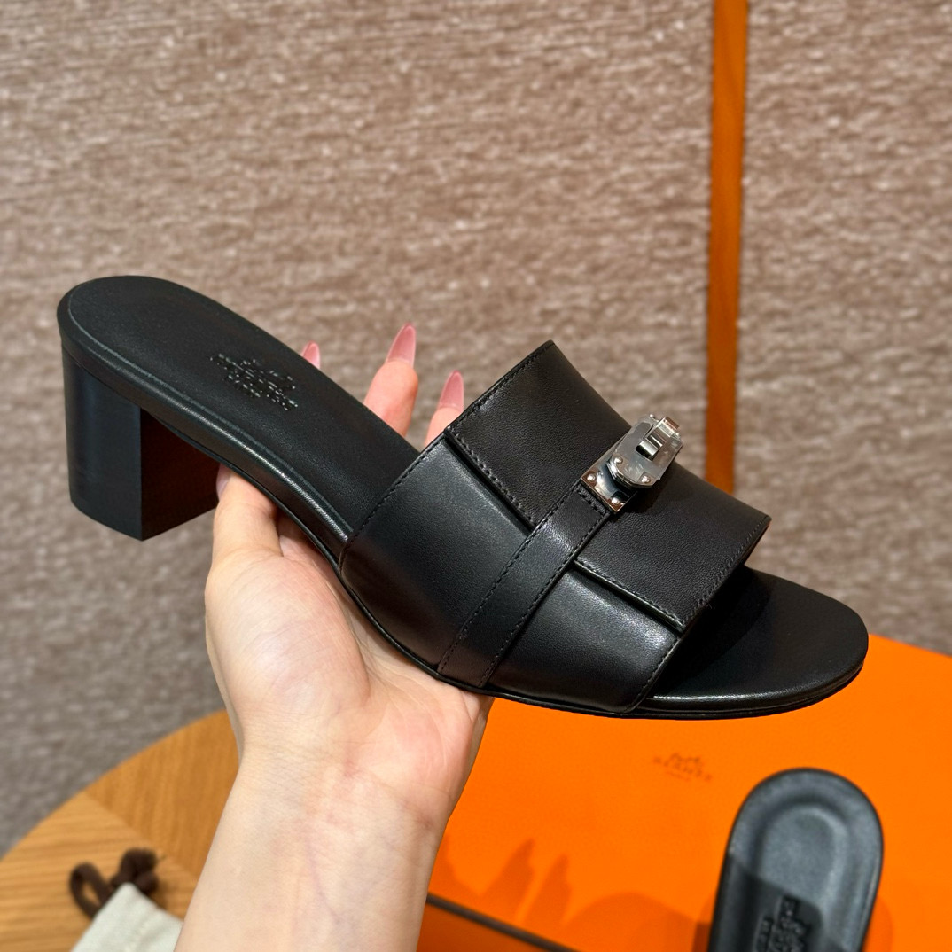 에르메스 Hermes 187 Gigi 50 sandal Calfskin&89 Noir silver