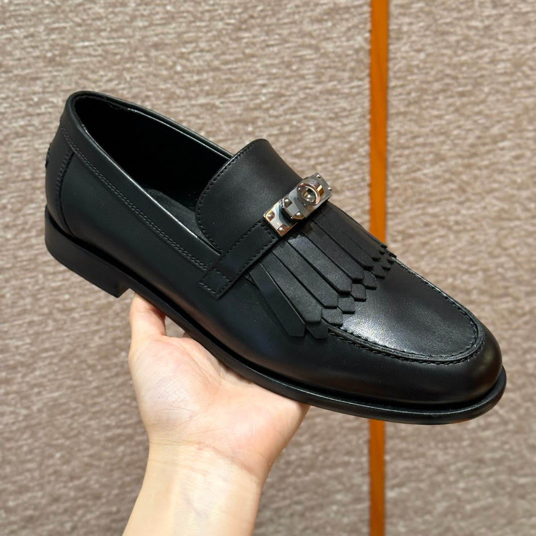 에르메스 Hermes 227 Destin loafer Calfskin and Cowdoy&89 Noir silver