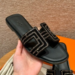에르메스 Hermes 181 Oran sandal Chamois and Drilling&89 Noir