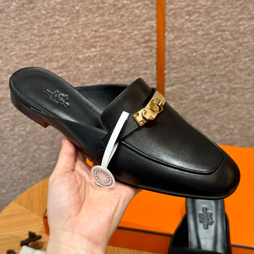 에르메스 Hermes 188 Oz Mule Goatskin&89 Noir gold