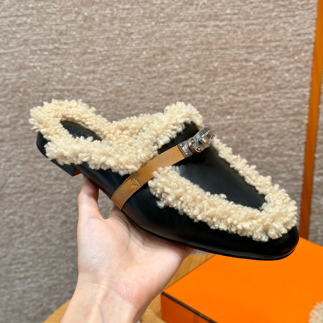 에르메스 Hermes 188 Oz Mule Woolskin and Chamois&89 Noir