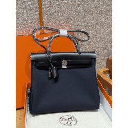 에르메스 Hermes Herbag 31cm Canvas and Cowhide 7U Blue Navy and 89 Noir/silver