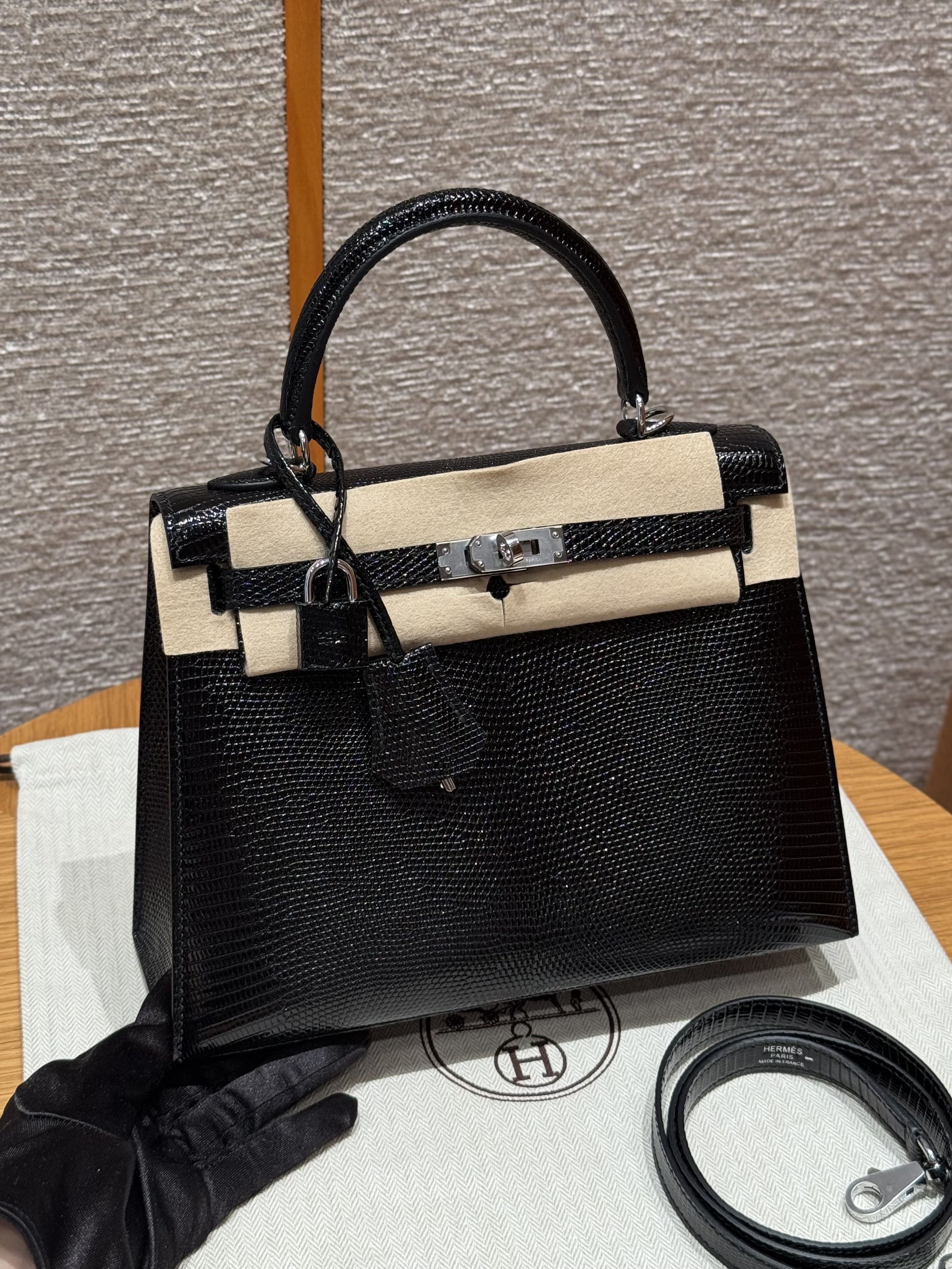 에르메스 Hermes Kelly 25cm Lizard 89 Noir/silver