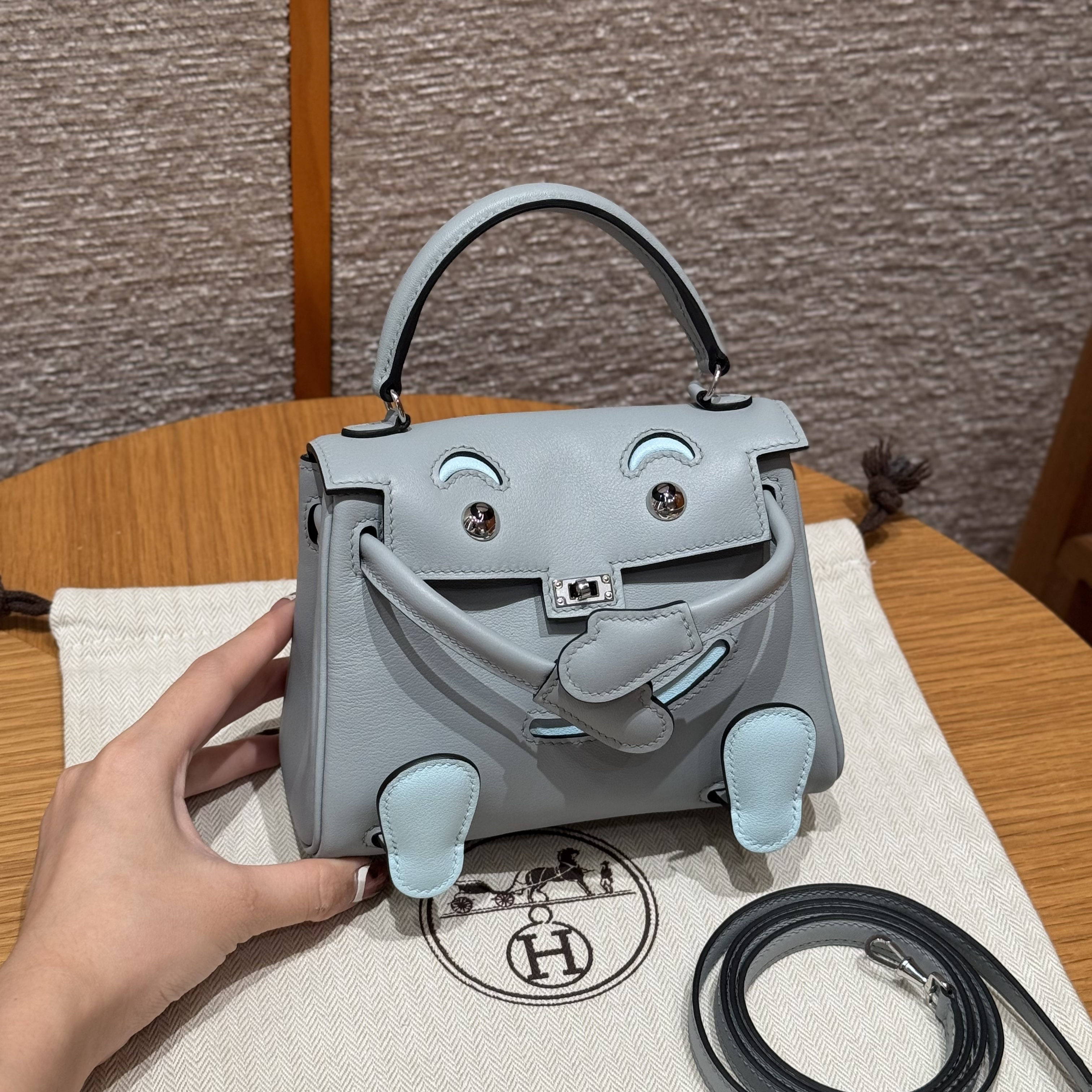 에르메스 Hermes Kelly Doll 16cm Swift 8U Blue Glacier and C6 Vert Girs/silver