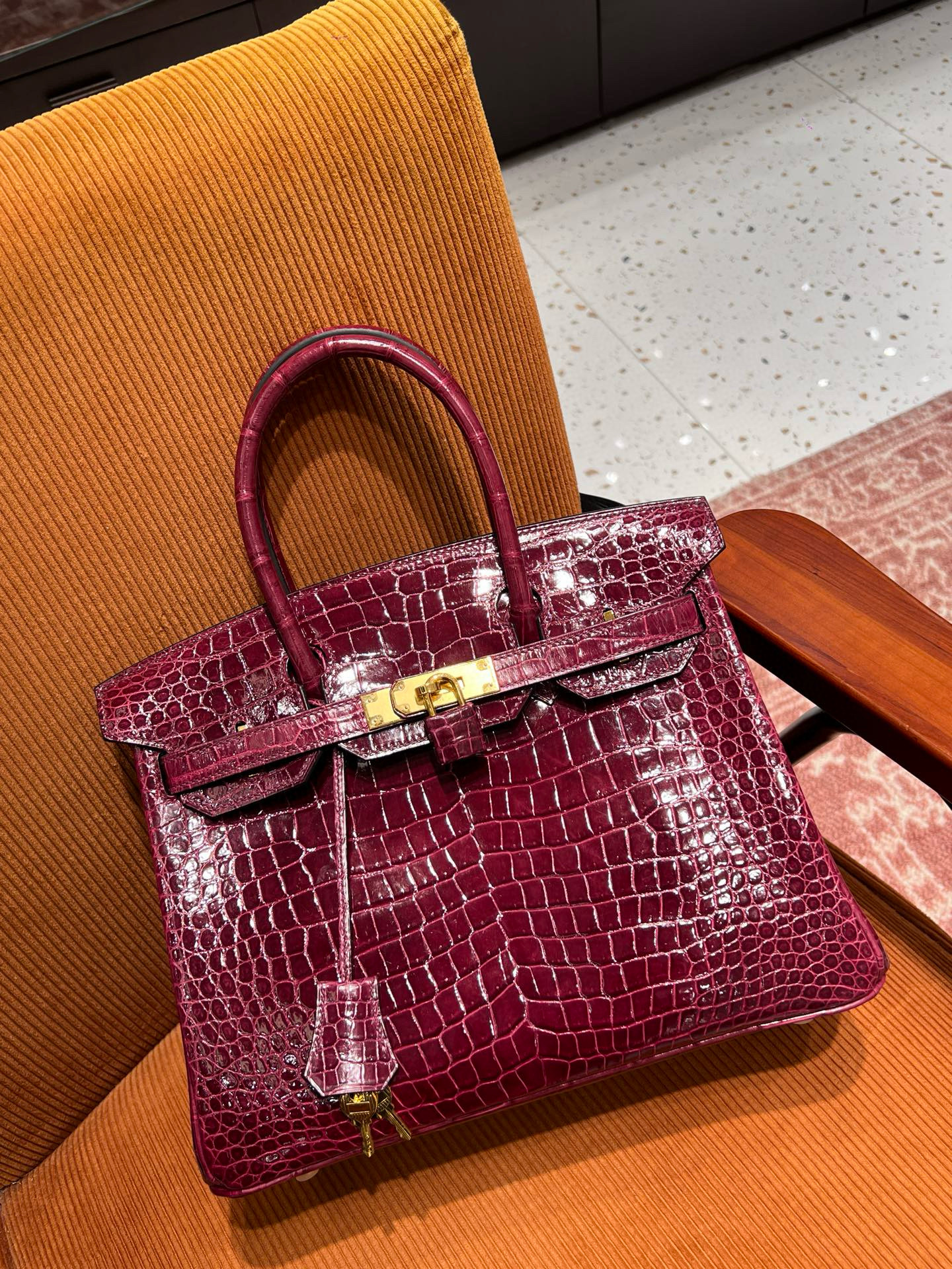 에르메스 Hermes Birkin 30cm France Hcp Porosus crocodile 57 Bordeaux/gold