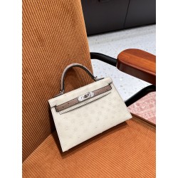 에르메스 Hermes Mini Kelly Ostrich 81 Gris Tourterlle and i2 Nata/silver